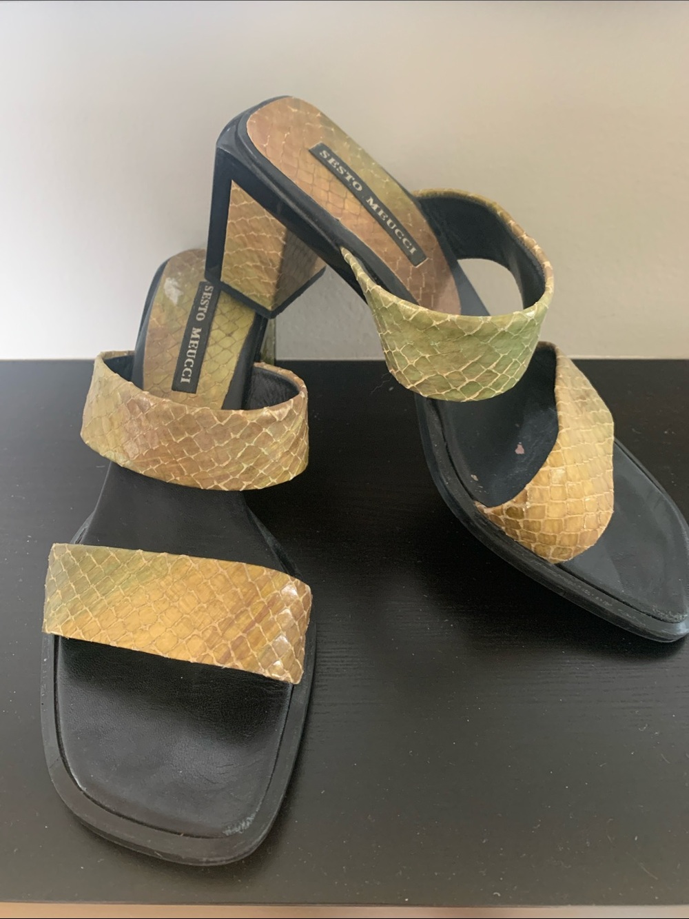 Sesto Meucci Yellow-Green Snake-Embossed Block Heel Sandals